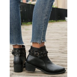 Vintage Plain Wearable Zipper Block Heel Classic Boots Buckle