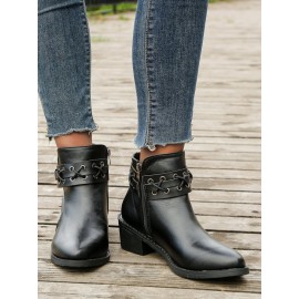Vintage Plain Wearable Zipper Block Heel Classic Boots Buckle