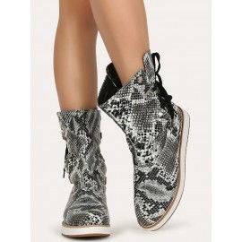 Casual Leopard Snake Print Lace-up Print Boots