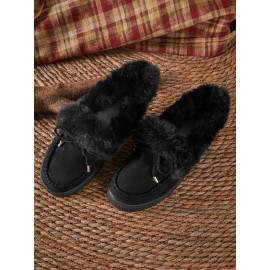Vintage Plain All Season Wearable Daily Flat Shoes Faux Fur Slip On Deep Mouth Single Shoes for Women