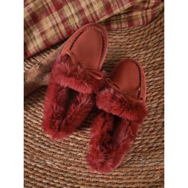 Vintage Plain All Season Wearable Daily Flat Shoes Faux Fur Slip On Deep Mouth Single Shoes for Women