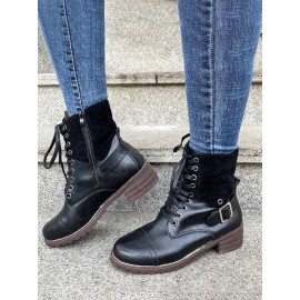 Retro Stitching Lace-up Zipper Boots