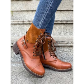 Retro Stitching Lace-up Zipper Boots
