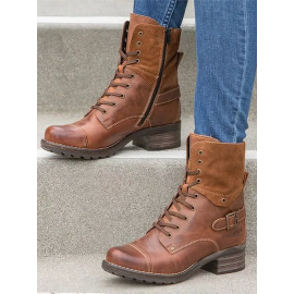 Retro Stitching Lace-up Zipper Boots