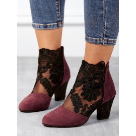 Lace Split Joint Chunky Heel Sandals Boots with Back Zip