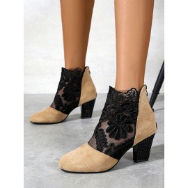 Lace Split Joint Chunky Heel Sandals Boots with Back Zip