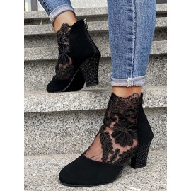 Lace Split Joint Chunky Heel Sandals Boots with Back Zip