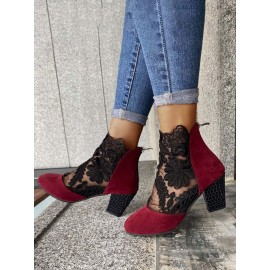 Lace Split Joint Chunky Heel Sandals Boots with Back Zip