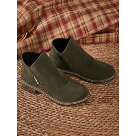 British Style Round Toe Comfortable Zip Low Heel Booties