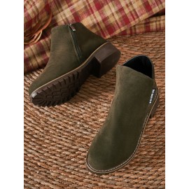 British Style Round Toe Comfortable Zip Low Heel Booties