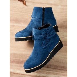 Comfortable Soft Leather Bow Round Toe Low Heel Booties