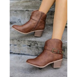 Vintage Plain Non-Slip Zipper Block Heel Cowboy Boots Buckle