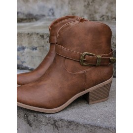 Vintage Plain Non-Slip Zipper Block Heel Cowboy Boots Buckle
