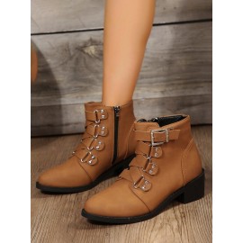 Vintage Plain Non-Slip Zipper Block Heel Classic Boots Buckle