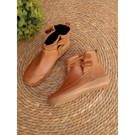 Women Casual Soft Braided Strap Lether PU Flat Heel Snow Boots