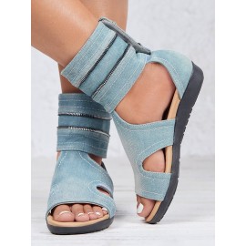 Blue Hollow out Button Denim Sandals Boots