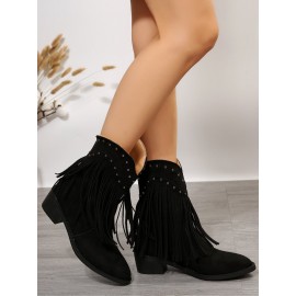 West Style Plain Non-Slip Slip On Block Heel Cowboy Boots Rivet