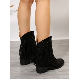 West Style Plain Non-Slip Slip On Block Heel Cowboy Boots Rivet