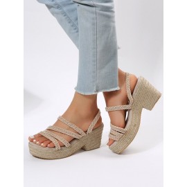 Multi Braided Straps Platform Chunky Heel Espadrille Sandals
