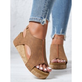 Rivet Hook and Loop Wedge Heel Sandals