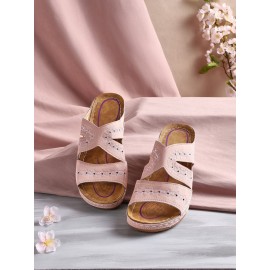 Floral Embroidered Cutout Boho Casual Wedge Slides