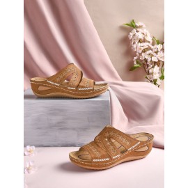 Floral Embroidered Cutout Boho Casual Wedge Slides