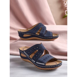 Floral Embroidered Cutout Boho Casual Wedge Slides