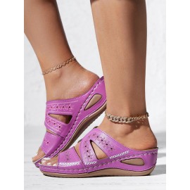 Floral Embroidered Cutout Boho Casual Wedge Slides