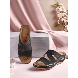 Floral Embroidered Cutout Boho Casual Wedge Slides