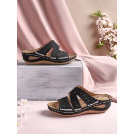 Floral Embroidered Cutout Boho Casual Wedge Slides