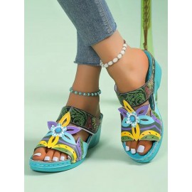 Retro Color Contrast Ethnic Style Flower Hollow Wedge Sandals