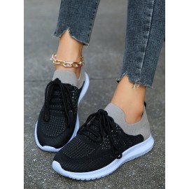 Sports Color Block Breathable Lace-Up Flat Heel Fly Woven Shoes