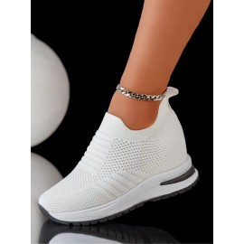 Casual Plain Breathable Slip On Block Heel Fly Woven Shoes