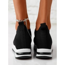 Casual Plain Breathable Slip On Block Heel Fly Woven Shoes