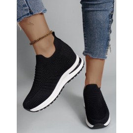 Casual Plain Breathable Slip On Block Heel Fly Woven Shoes