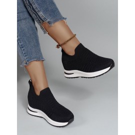 Casual Plain Breathable Slip On Block Heel Fly Woven Shoes