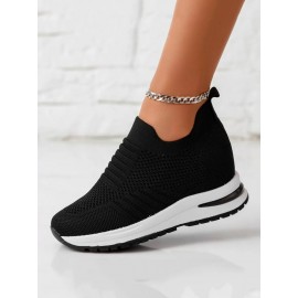 Casual Plain Breathable Slip On Block Heel Fly Woven Shoes