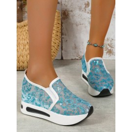 Breathable Floral Embroidery Slip-on Muffin Sneakers