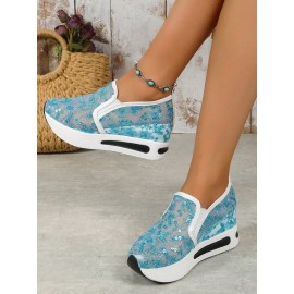 Breathable Floral Embroidery Slip-on Muffin Sneakers