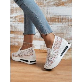 Floral Embroidered Mesh Paneled Slip-On Wedge Sneakers