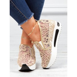Floral Embroidered Mesh Paneled Slip-On Wedge Sneakers