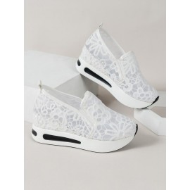 Floral Embroidered Mesh Paneled Slip-On Wedge Sneakers