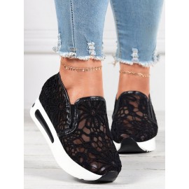 Floral Embroidered Mesh Paneled Slip-On Wedge Sneakers