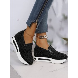 Floral Embroidered Mesh Paneled Slip-On Wedge Sneakers