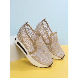 Floral Embroidered Mesh Paneled Slip-On Wedge Sneakers