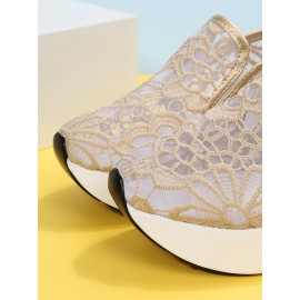 Floral Embroidered Mesh Paneled Slip-On Wedge Sneakers