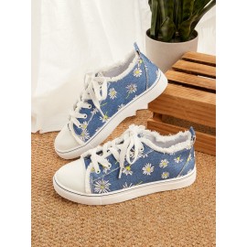 Daisy Graphic-Print Denim Lace-Up Canvas Flats
