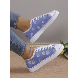 Daisy Graphic-Print Denim Lace-Up Canvas Flats