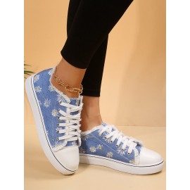 Daisy Graphic-Print Denim Lace-Up Canvas Flats