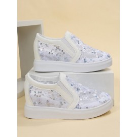 Sequins Floral Embroidered Lace Paneled Slip-On Wedge Shoes